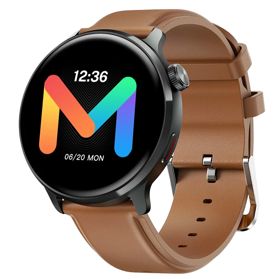Smartwatch with a brown leather strap on a white background