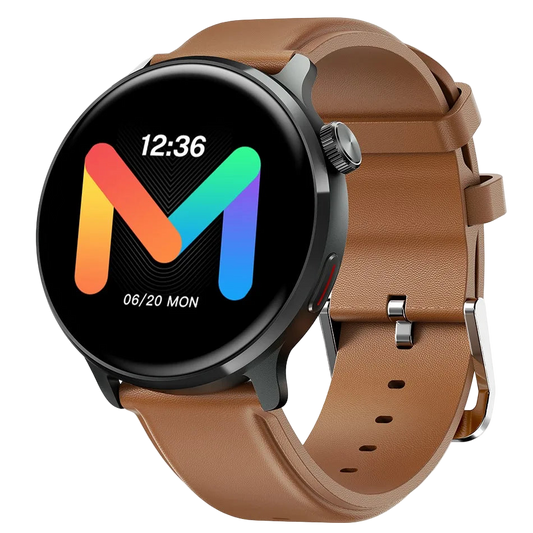 Smartwatch with a brown leather strap on a white background